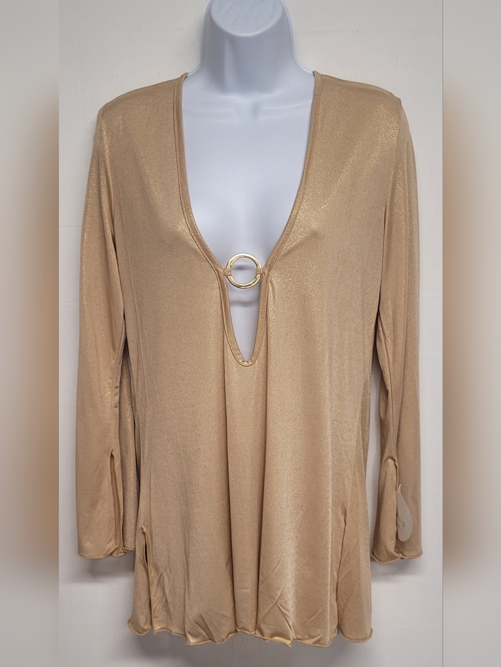 WWW Water Water Everywhere Top Long Plunge Neck Gold Ring Beach Metallic M